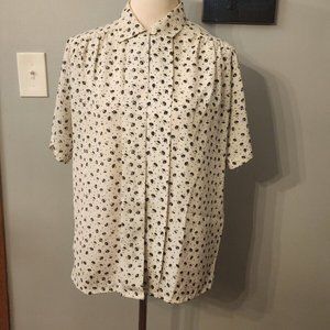 Vintage Design Elements By Impressions White w/ Black Flowers Shirt V-Neck Large